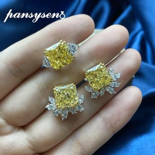 PANSYSEN luxury 100% 925 Sterling Silver Created Moissanite Citrine Gemstone Earrings Ring Wedding Fine Jewelry Set Wholesale