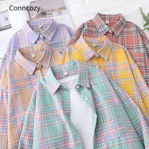 Ladies Blouses Shirt Casual Plaid Shirts Cotton Loose Boyfriend Style Womens Clothing Tops Outwear Pink Oversized Shirts 2021