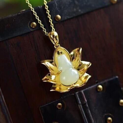 S925 Silver Chinese Hand-carved Hetian Jade Gourd Pendant Necklace Lucky Fine Jewelry gift