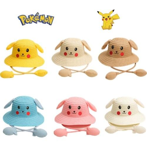 Pokemon Pikachu Childrens Fisherman Hat Ears Will Move Cute Cartoon Sunshade Straw Hat Boy Girl Baby Outdoor Must-have Hat