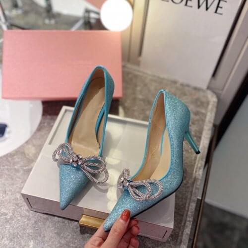 21 Newest Summer Shoes Woman Elegant BlingBling Woman Pumps Party Shoes Pointed-Toes Thin Heels Woman Pumps Butterfly-Knot Pumps