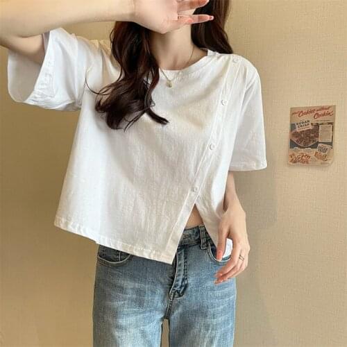 Womens Thin Summer New Trendy Design Sense Niche Chic White Black Split Short Top Short Sleeve O Neck Slim T-Shirts For Women