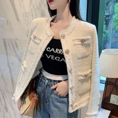 2021 New Autumn Winter Tassel White Tweed Woolen Jackets Women O-Neck Single Breasted Elegant Ladies Office Outwear