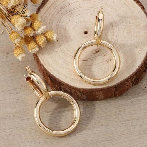 Badu Women Hoop Earrings Trendy Gold Metal Brincos Simple Two Circle Ear Ring Clip Loop Earring Punk Rock Party Female Jewelry