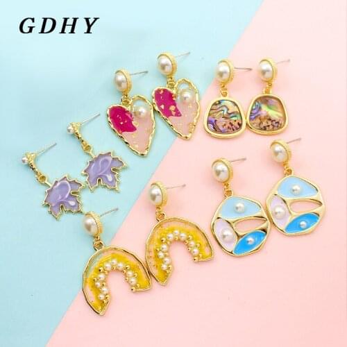 GDHY Fashion Shell pearl color Enamel Metal Drop Earrings for Women Irregular Maple Leaf cactus heart-shaped Earring Jewelry