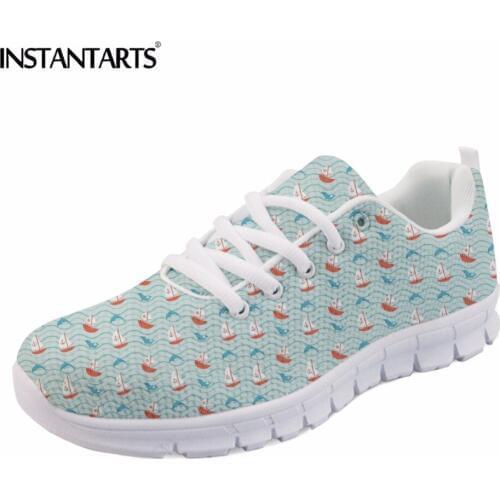 INSTANTARTS Blue Casual Womens Sneakers Shoes Cartoon Dolphin Designer Mesh Tenis Feminino Breathable Light Lace-up Flats Shoes