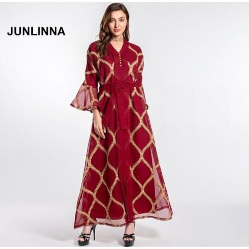 New Fashion Mesh Dress 2021 Women Muslim Embroidery Dresses V Neck Flare Sleeve with Waist Sashes Casual Vestidos