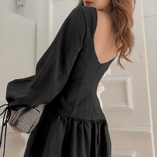 WJFZQM Women Vintage Ruffled A-line Party Black Dress O Neck Solid Casual Mini Sundress Autumn Lantern Sleeve Backless Dress