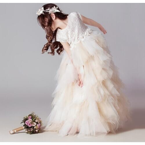 2020 Girls Champagn Ball Gown for Kids Layered Lace Dress Flower Girls Wedding Dress Teenager Prom Dress Vestido Clothes
