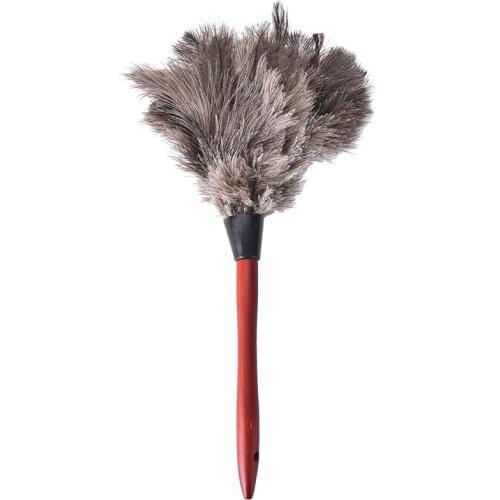 38cm Anti-static Natural Ostrich Feather Fur Dust Duster Cleaning Brush Tool Wooden Handle Grey