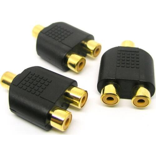 50pcs Gold Plated black RCA female jack to dual RCA female jack Y Splitter Audio Adapter connector