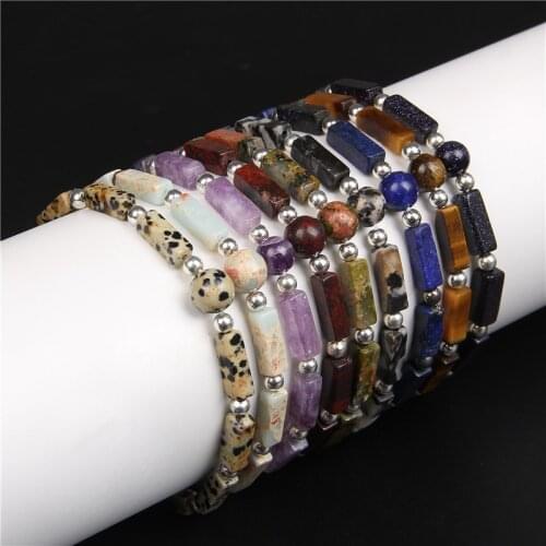 New Square Tube Natural Stone Bracelet Women Men Fashion Amethysts Tiger Eye Beads Bracelet Bangles Energy Yoga Jewelry Gifts