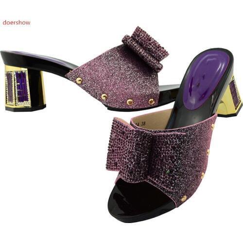 Doershow New Arrival African Woman Sandals purple Shoes Italian Rhinestone Fashion High Heels Shoes For Party Dress WR1-26