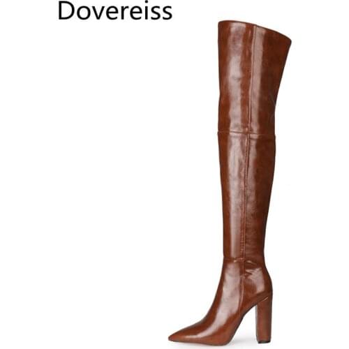 Dovereiss Fashion Womens Shoes Winter new Pure color brown gray Pointed Toe Elegant Concise Mature Over the knee boots 34-47
