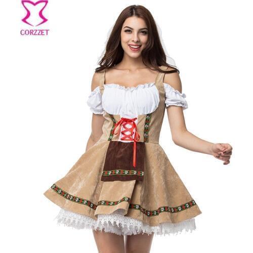 Khaki Oktoberfest Beer Girl Maid Costume Wench Germany Tradition Bavarian Dirndl Fancy Dress Deguisement Halloween Costume Women