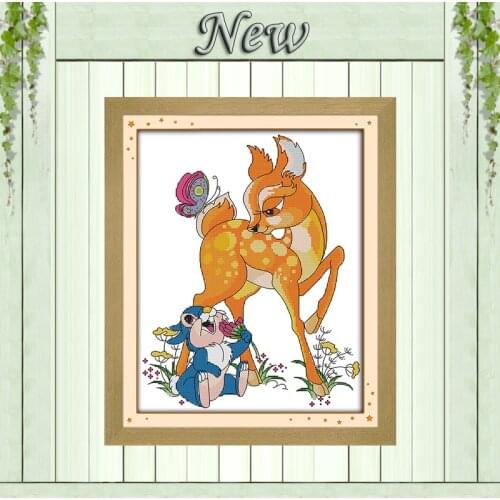 The deer and rabbit cartoon painting counted printed on canvas DMC 14CT 11CT Chinese Cross Stitch Needlework Sets Embroidery kit