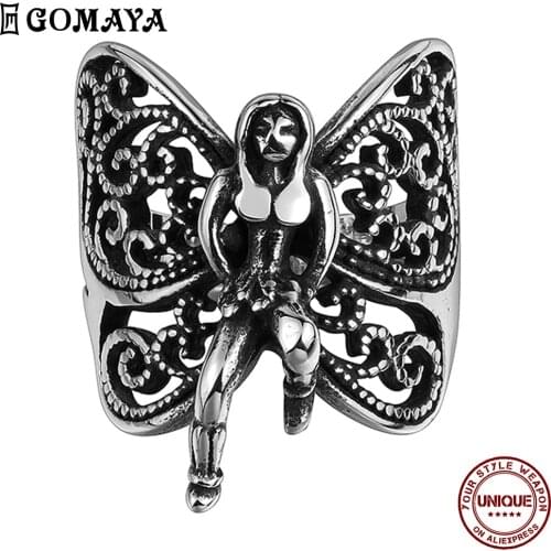 GOMAYA Titanium Steel Series Retro Rings For Unisex Hollow Out Butterfly Elves Patterns Ring Neo-Gothic Fashion Jewelry Hot Sale