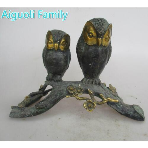 Collection Chinese Old Bronze Carved 2 Owl on tree Sculpture/Art Antique Home Decoration Bird Statue
