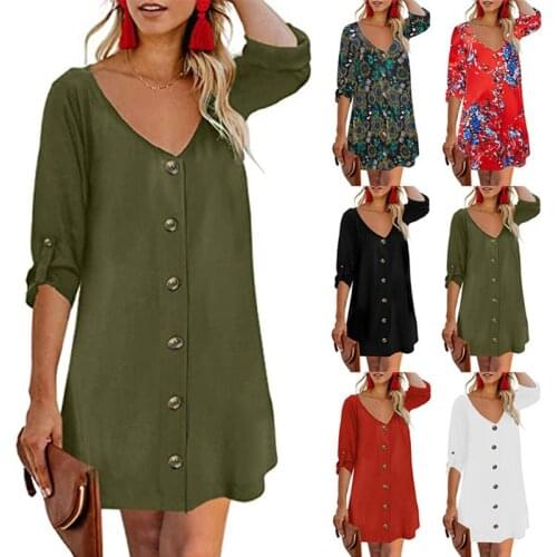 2021 Summer New V-neck Button Print Short Dress Solid Color Half Sleeve Tshirt Skirt Office Lady Shirt Dress Sexy Floral Dress