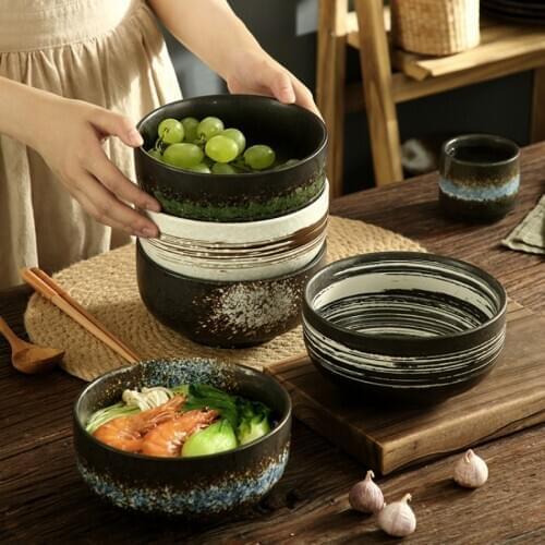 Japanese style high-foot noodle bowl retro style ceramic tableware salad bowl large ramen bowl household soup bowl round bowl