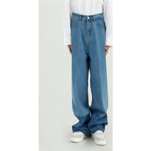 New Product Men Vintage Splice Color Loose Casual Straight Denim Wide Leg Pant Male Streetwear Fashion Retro Mopping Long Jeans