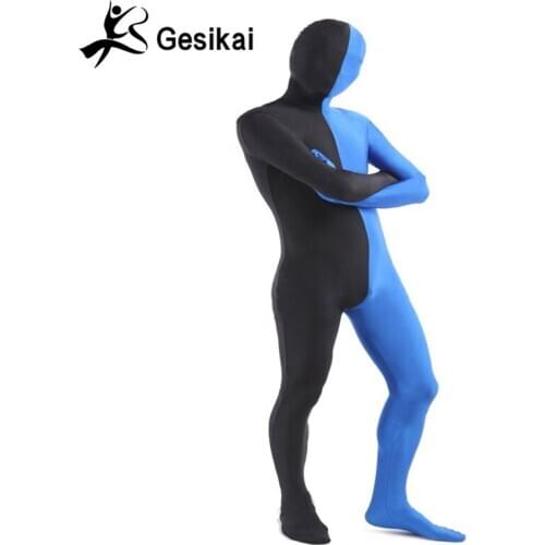 Mens Adult Full Zentai Bodysuit Mixed Color Spandex Lycra Zentai Tights Suit Left Blue and Right Black Halloween Costume