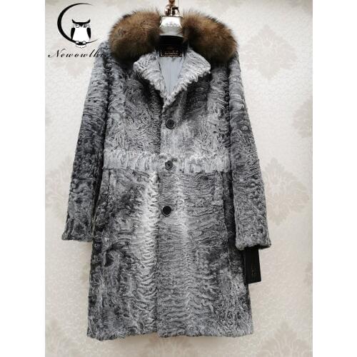 Latest luxury high-end customized natural Karakul Sheep Fur coat Wild Mink Collarreal fur mens coat Sheepskin coat Silk lining