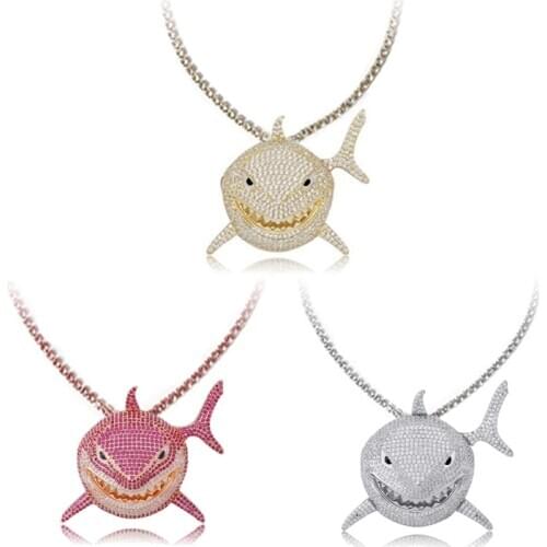 New Bling Full Cubic Zircon Shark Pendant Necklace Fashion Star Designer Hip Hop Jewelry