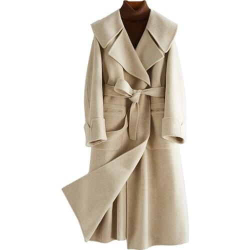 2021 Autumn and Winter New Woolen Overcoat Womens Middle Long All Wool Show Temperament Slim Waist Woolen Overcoat