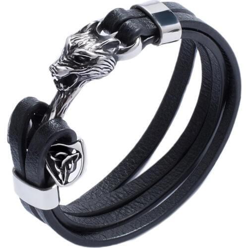 Punk Black Leather Bangles Men Jewelry Stainless Steel Wolf Head Leather Wrap Bracelets Male Wrist Band Gifts 780