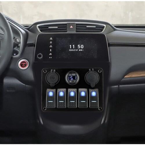 With Fuse 5 Gang LED Rocker Switch Panel 12/24V Outlet Combination Digital Voltage Dual USB Slot Socket Waterproof