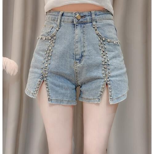2020 Summer New Heavy Industry Pearl Tassel Crystal Horn Slim High Waist Jeans Womens Short short Fashion Harajuku Shorts Women