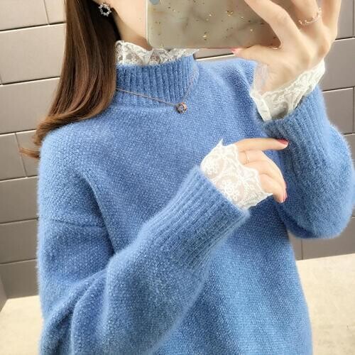 Womens sexy sweater Fashion trend Lace collar Lace cuffs Korean version Loose and comfortable Winter Sweaters Slim Fit top
