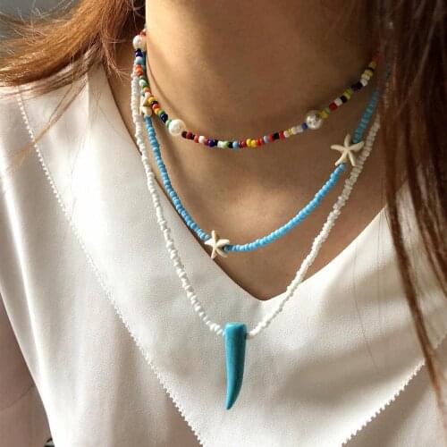 Bohemian Multilayer Handmade Beads Chain Necklaces for Women Natural Turquoises Stone Pearl Pendant Necklace Boho Choker Jewelry