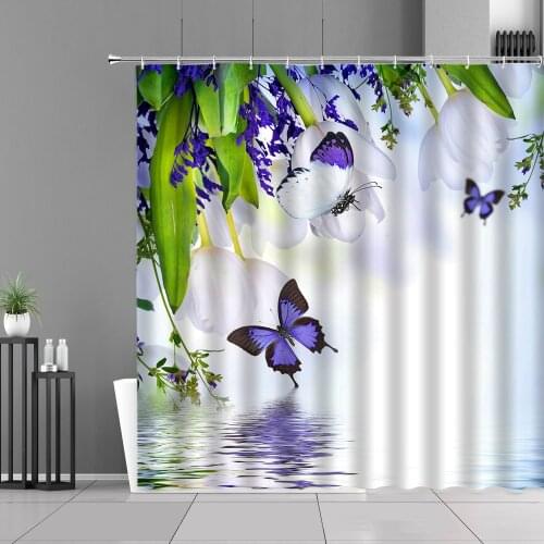 Home Shower Curtain Beautiful Plant Flowers In The Water 3D Print Butterfly Polyester Bathroom Curtains Bathtub Screen With Hook