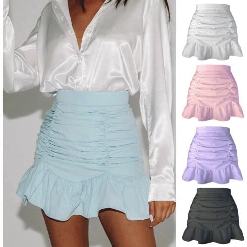 Faldas Mujer Moda High Waist Solid A-Line Short Skirts Women Summer Pleated Ruffled Zipper Fish Tail Sexy Mini Skirt