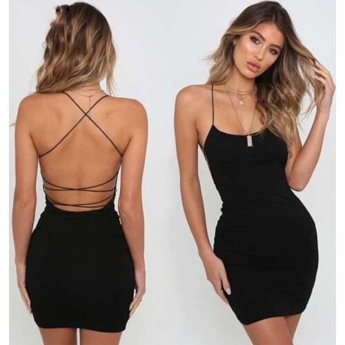 Women Sexy Bodycon Party Dresses Backless Spaghetti Straps Clubwear Mini Dress low neck drop shipping