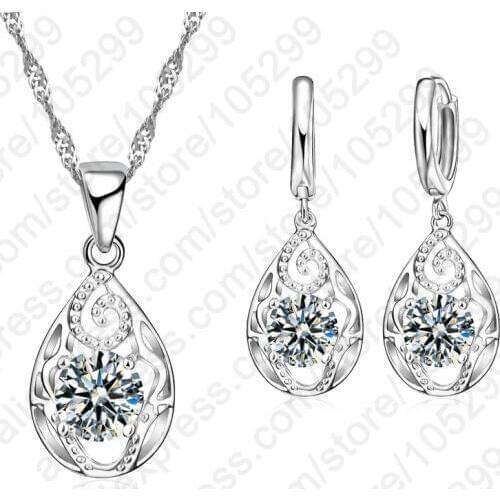 Newest Gift 925 Sterling Silver New Jewelry Full Cubic Zircon Round Pendant Necklace Women Drop Earring Wedding Set