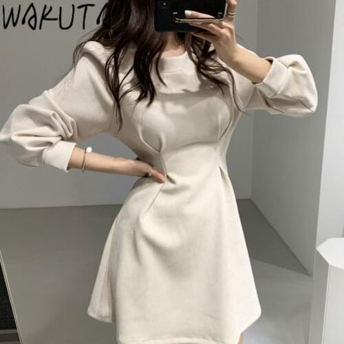 WAKUTA Ladies Elegant Mini Dress Long Puff Sleeve Party Dresses 2020 New Arrival Spring Autumn Simple Solid Outfits for Women