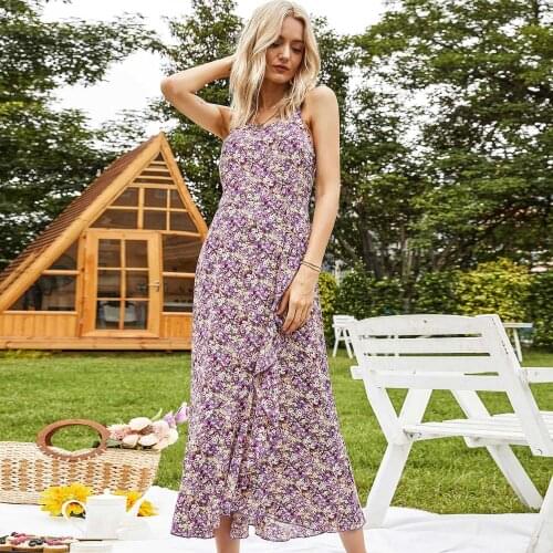 2021 Spring Summer Ladies Casual Chic Print Fashion New Dress Floral Spaghetti Strap Medium Waist Split Fork Womens Dress