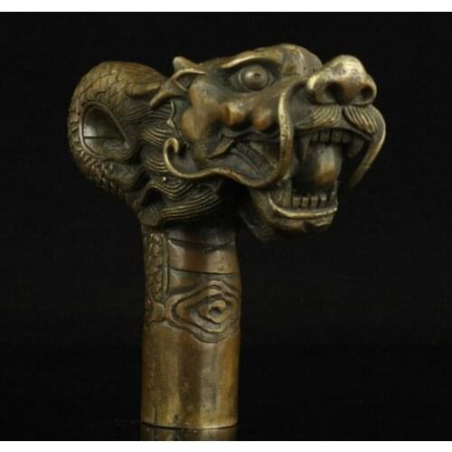 100% bronze Pure Copper Brass old Grandpa Good Lucky Walking Stick Head China Old Handwork Carving Bronze Dragon