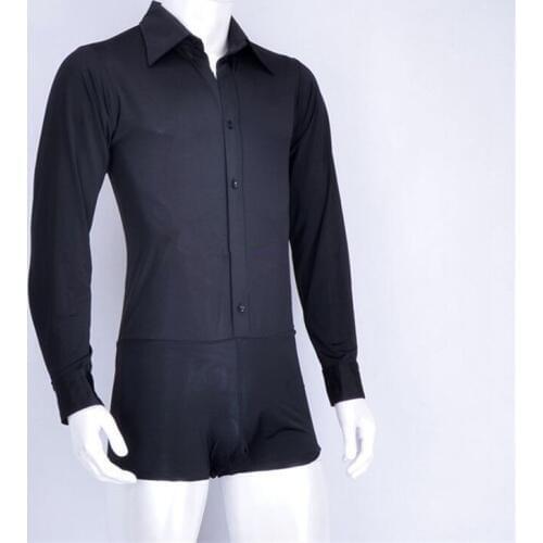 2018 New High Quality Men Black Ballroom Latin Dance Tops For Sale Cha Cha Sumba Long Sleeves Satin Leotard Dancing Wear