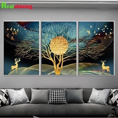 Diamond Embroidery golden abstract deer tree bird Diamond Painting Full square round Drill ,Diamant Mosaic Triptych N1619