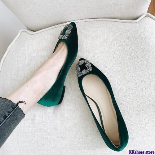 Glitter Crystal Square Buckle Pearl Velvet Ladies Loafers Shoes Woman Shallow Slip On Flats Pointed Toe Ballerina Plus Size34-45