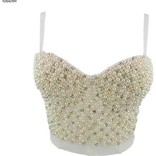 Beading Diamond Pearl Push Up Autumn Cropped Sexy White Camis Corset Tops To Wear Out Female Performance Crop Top Mujer DB156
