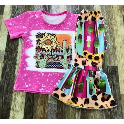 Lovely Kids summer Clothing Baby western girl style flare pink top cactus leopard print sunflower bell bottom set