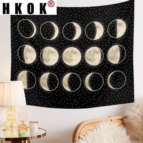 HKOK Black Moon Phase Tarot Tapestry Wall Hanging Covering Rugs Background Cloth Beach Mat Blanket Art Bedroom Dorm Home Decor