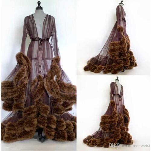 Brown 2020 Fur Women Robe Long Sleeve Sexy Nightgown Deep V Neck Ruffles Sleepwear Bathrobe Pajamas Prom Bridesmaid Shawel