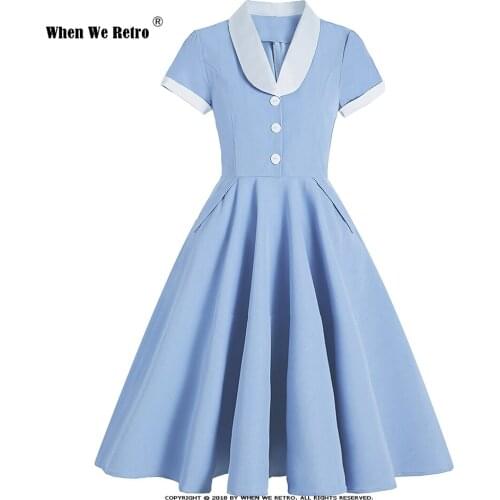 Hepburn Retro Short Sleeve Large Swing Summer Dress VD1997 50s 60s British Women Light Blue Vintage Dresses Robe Femme