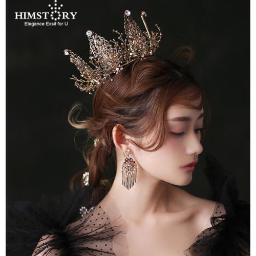 Himstory New Vintage Bronze Gold Full Round Wedding Tiara Crown Handmade Princess Pageant Headpieces Bridal Hair Jewelry